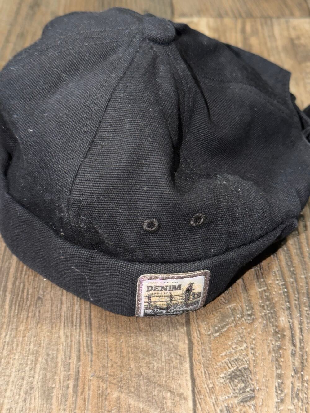 Denim Supplies Black Newsboy Cap Top Button Eyelets Buckle Strap Back